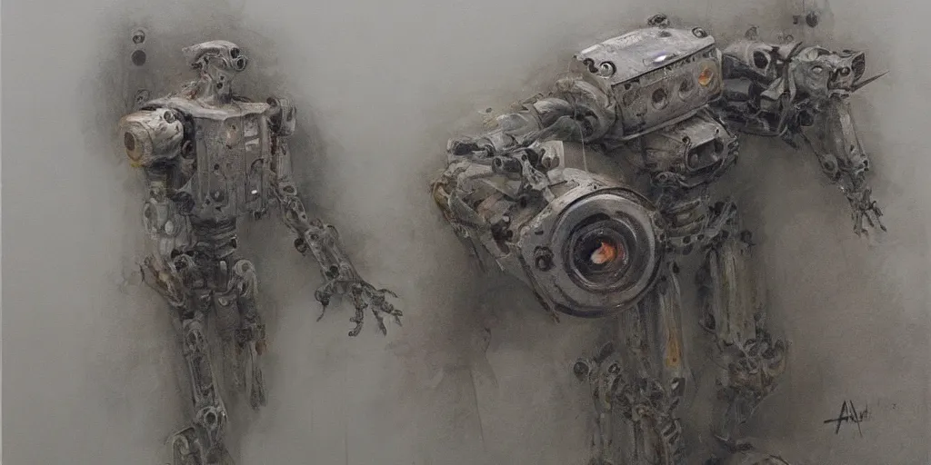 Image similar to a screamed painting of robot by alan lee, trending on artstation