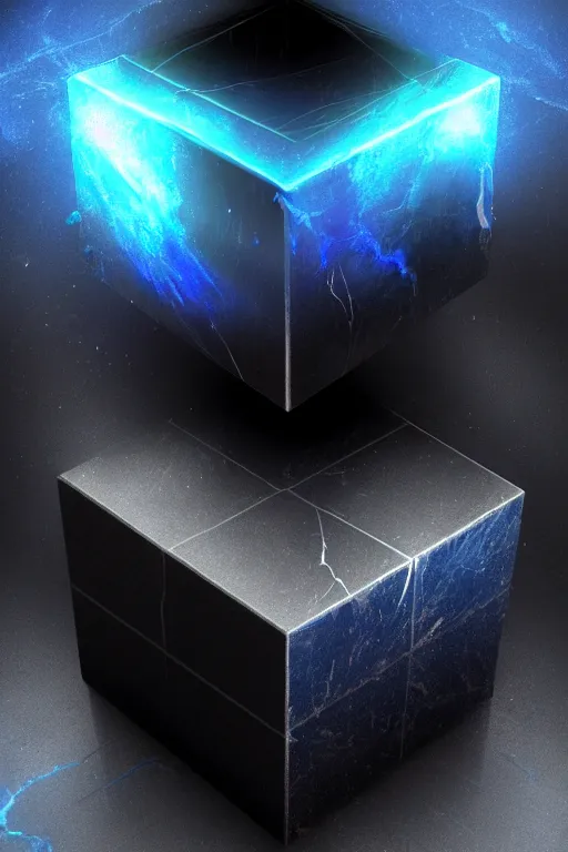 Prompt: big black marble cube, levitating. vertical blue beam of light, blue flux. fantasy, digital painting, hd, detailed.