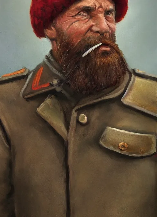 Image similar to A portrait of a single Soviet tankman with a short beard wearing Sámi clothing, smoking a pipe, trending on ArtStation, 4k, oil painting