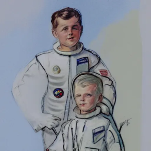 Prompt: Orville Houghton Peet and William Simpson and Jean Gautier color sketch of a boy super scientist in a retro home made astronaut suit
