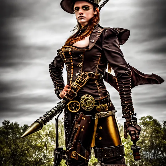 Image similar to full length photo of a steampunk warrior, 8 k, hdr, smooth, sharp focus, high resolution, award - winning photo