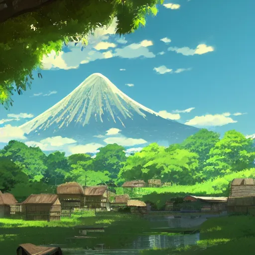 Prompt: a beautiful picture of a peaceful village at the foot of an asleep volcano by makoto shinkai, studio ghibli, trending on artstation