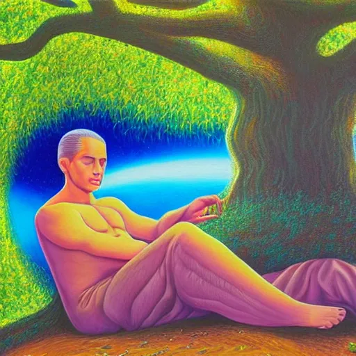 Prompt: painting of a peaceful man relaxing under a tree by alex grey, acrylic art, calm, soothing, cosy, elegant, soft light, psychedelic