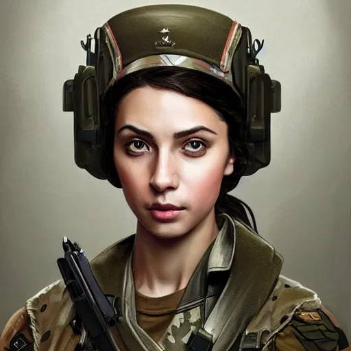 Image similar to portrait of mia kunis as a army soldier, looking at camera, d & d, intricate, elegant, stylish, cute smirk, fantasy, extremely detailed, digital painting, artstation, concept art, smooth, sharp focus, illustration, stunning lighting, art by artgerm and greg rutkowski and alphonse mucha and simon stalenhag.