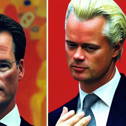 Image similar to mark rutte and geert wilders holding hands while looking at each other in the style of gustav klimt
