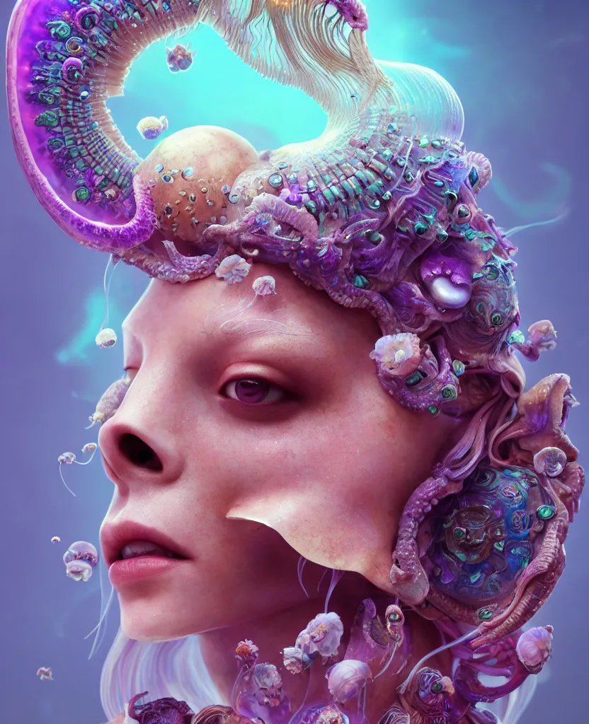 Image similar to goddess princess beautiful face close-up portrait ram skull. jellyfish phoenix head, nautilus, orchid, skull, betta fish, bioluminiscent creatures, intricate artwork by Tooth Wu and wlop and beeple. octane render, trending on artstation, greg rutkowski very coherent symmetrical artwork. cinematic, hyper realism, high detail, octane render, 8k