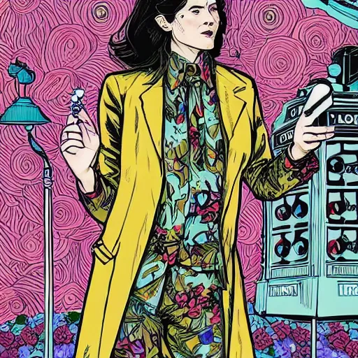 Prompt: rosamund pike with dark - hair as the doctor, wearing a colourful floral pattern three - piece suit, complementary colours, 2 d matte, graphic novel, art by laurie greasley and pepe larraz,