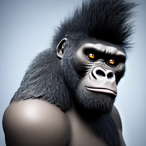 Image similar to angry tough gorilla, punk gorilla with mohawk hair. interesting 3 d character concept by tiger hkn and gediminas pranckevicius, maplestory, game art, hyper detailed, character modeling, cartoon, cinematic, ray tracing, fur details, maya, c 4 d