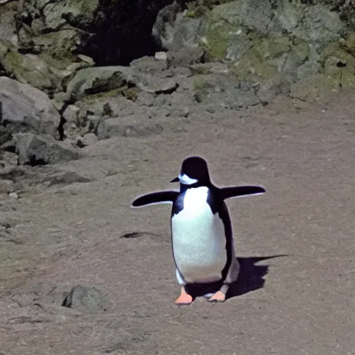 Prompt: skipper the penguin caught on trail cam