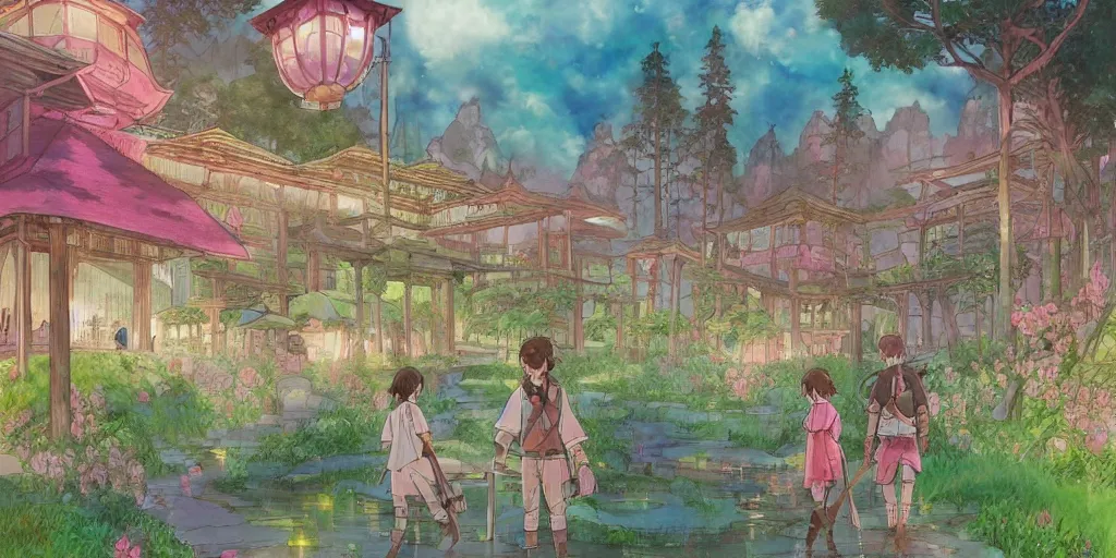 Image similar to bathhouse and nature, modern contemporary, lanterns. watercolor art, expansive cinematic view, volumetric shading, intricate and detailed, highly saturated colors. breath of the wild style, by hayao miyazaki ghibli!!!. pastel!! pink!! accents. trending on artstation. award winning