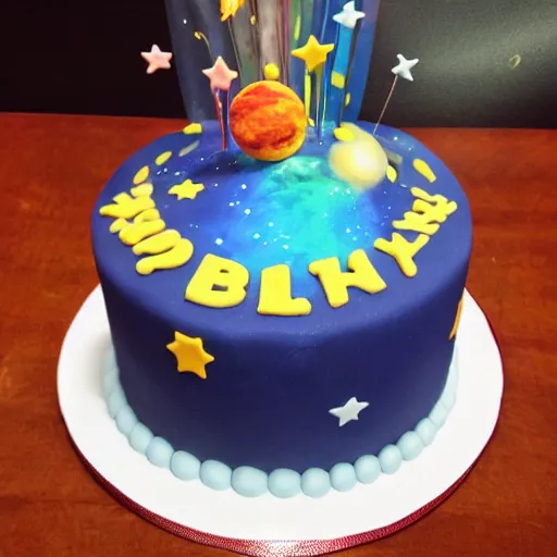 Prompt: birthday cake with a universe inside