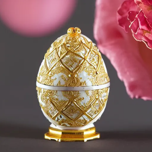 Image similar to a very detailed white marble Fabergé egg adorned with intricate golden lines, and small emerals