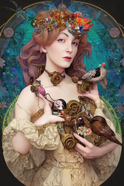 Image similar to face 3 d render of english princess holding birds, ornaments, mucha vibe, dieselpunk, solarpunk, artstation