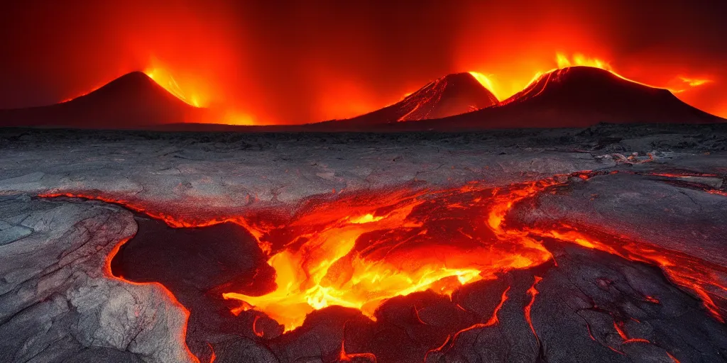 Prompt: landscape photography by marc adamus, lava lake, dramatic lighting, volcanoes, smoke, fire