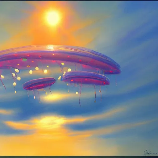 Image similar to a beautiful painting of a group of jellyfish fly in sunset by Angus Mckie, Trending on artstation