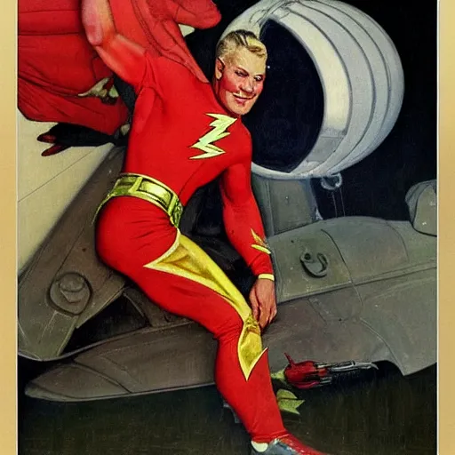 Image similar to a portrait painting of Flash Gordon. Painted by Norman Rockwell