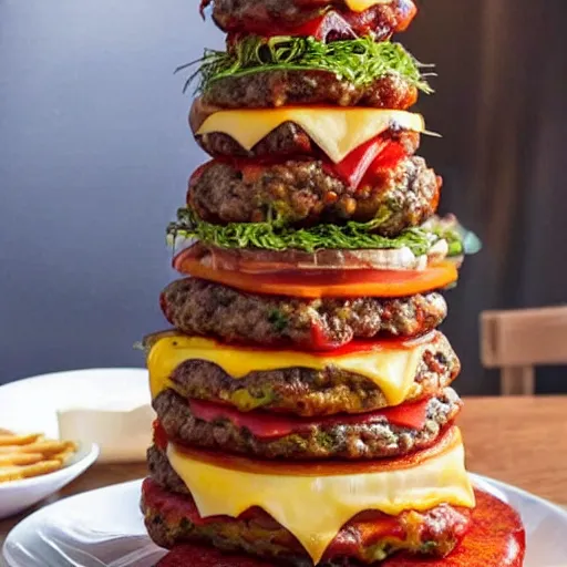 Image similar to a cheeseburger tower made of gigantic stacks of meat patties and cheese slices with a bun on each side, delicious looking burger - stack - tower