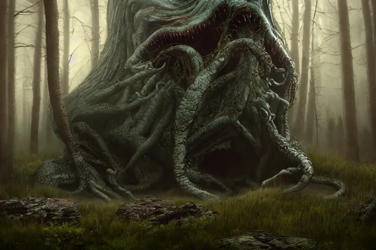 Image similar to creepy eldritch monster in a swedish forest, very low angle photograph, very detailed, trending on artstation, realistic, soft colors, simon stålenhag, lovecraft, horror