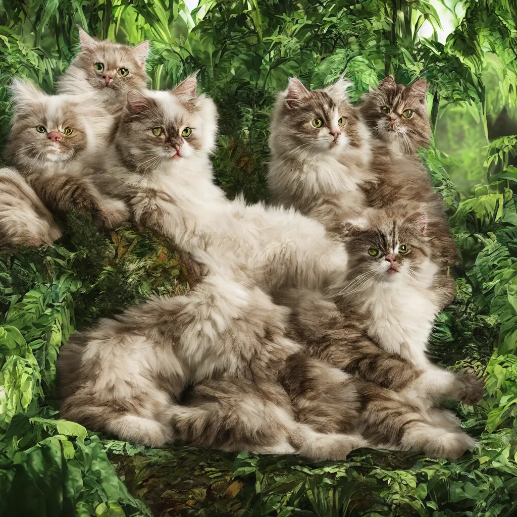 Image similar to ragdoll cats in a jungle, hyperrealistic, photorealism, realistic lighting, 4k