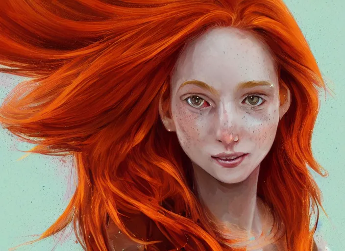 Prompt: portrait of a beautiful smiling girl with orange hair and freckles, green eyes, highly detailed, digital painting, concept art, smooth, sharp, focus, background is purple, artstation, style by Laia López