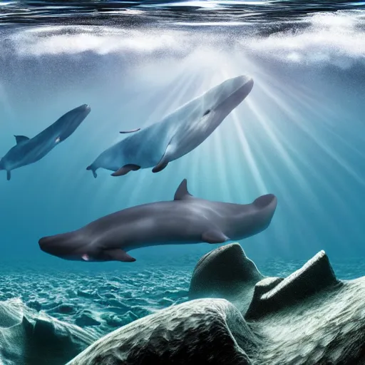 Image similar to hyperrealistic underwater photography, panoramic picture of an ocean floor with some baluga whales. focus on the whales. the whales are anatomically correct and highly detailed. lots of bubbles. seaweed and some rocks. gloomy scattered light entering from the water surface, trending on artstation, hq, 8 k