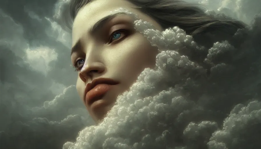 Image similar to face in the clouds, fantasy, dramatic, intricate, elegant, highly detailed, digital painting, artstation, concept art, smooth, sharp focus, illustration, art by gustave dore, octane render