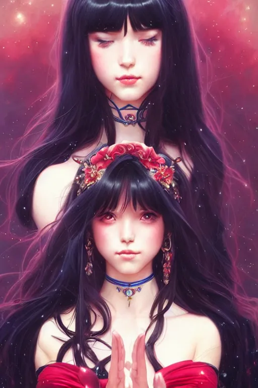 Image similar to a beautiful princess, long black hair and bangs, sailor mars aesthetic, fantasy, intricate, elegant, highly detailed, digital painting, artstation, concept art, matte, sharp focus, illustration, art by Artgerm and Greg Rutkowski and Alphonse Mucha