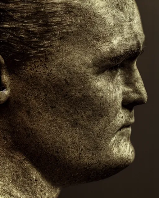Prompt: a man's face in profile, made of patina, in the style of the dutch masters and gregory crewdson, dark and moody