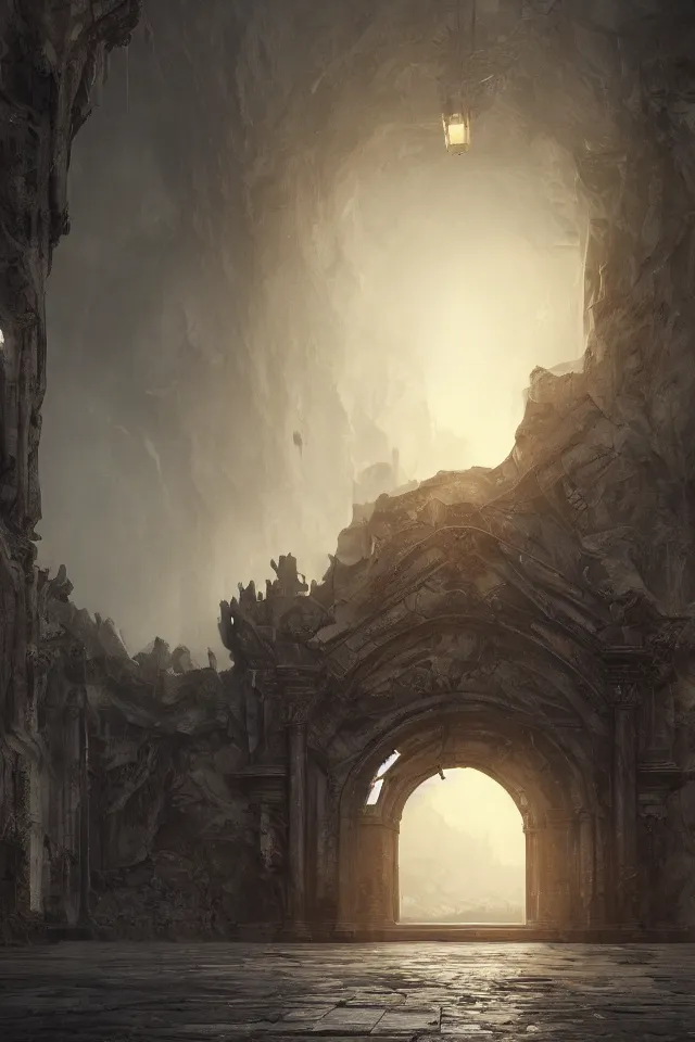 Image similar to a huge door made of bronze, bronze material, dark and spectacular atmosphere ， super wide angle ， matte painting ， rtx on ， by james paick and jan urschel ， trending on cgsociety and artstation, unreal engine ， volumetric light ， surreal