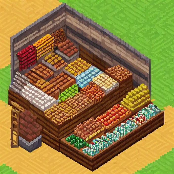 Image similar to isometric pixel art of a small medieval market stall selling fruits