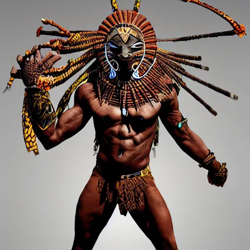 Prompt: a full body muscular male with an african mask, wearing an african armor, shaman, zulu, hamar, himba, karo, masai, samburu, by alex gray and android jones, karol bak, ilya golitsyn, ayami kojima, amano, black panther, moebius, concept art, character design, fantasy, 3 d, 8 k resolution