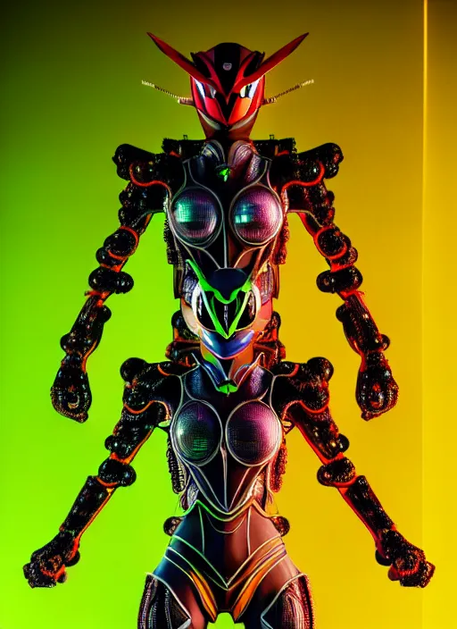 Prompt: kamen rider, human structure insects concept art, intricate detail, hyperrealistic art and illustration by irakli nadar and alexandre ferra, global illumination, at tokyo cyberpunk neon light night