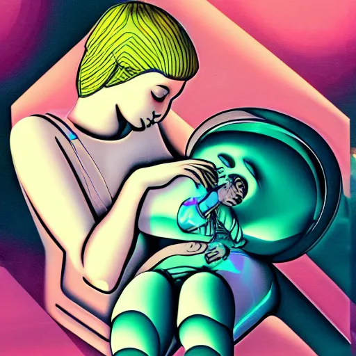 Prompt: human infant sleeping in the arms of an android nurse, vaporwave, 8 0 s airbrush illustration