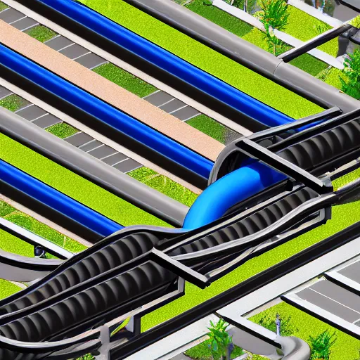 Image similar to isometric photo of cutely illustrated aqueducts waterslides and black matte conveyor belt rollers wide system are the main methods of transport in cannabis city cbd capital of australia