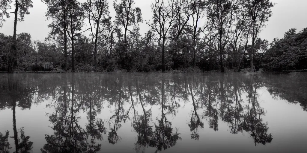 Image similar to centered photograph of a infintely long rope zig zagging across the surface of the water into the distance, floating submerged rope stretching out towards the center of the lake, a dark lake on a cloudy day, moody vibe, trees in the background, hyper - detailed photo, anamorphic lens