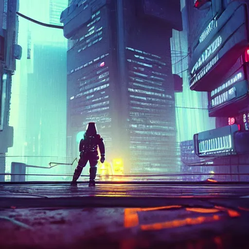 Image similar to professional photo of astronaut from low angle shot with cyberpunk city on background, blade runner, hyperrealistic masterpiece, trending on artstation, cgsociety, kodakchrome, golden ratio, cinematic, composition, beautiful lighting, hyper detailed, sharp focus, octane render, 4 k, unreal engine