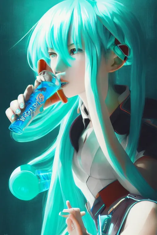 Prompt: Hatsune miku drinking a beer. visibly drunk. sci-fi, modern, colourful!! highly detailed, digital painting, artstation, concept art, sharp focus, illustration, by greg rutkowski