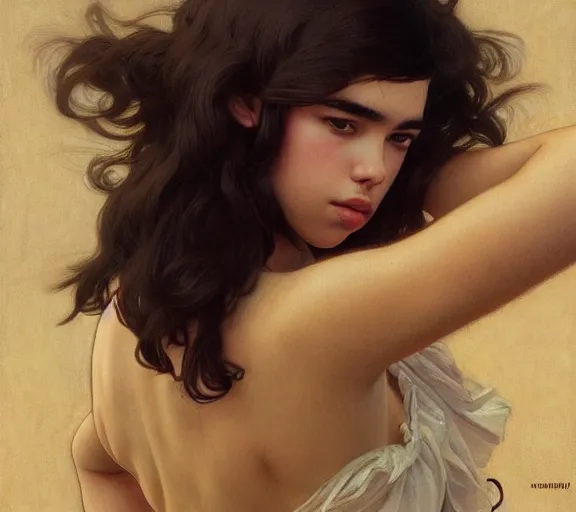 Image similar to photography dualipa with hands - up and hairy armpits, deep focus, intricate, elegant, highly detailed, digital painting, artstation, concept art, matte, sharp focus, illustration, art by artgerm and greg rutkowski and alphonse mucha and gil elvgren