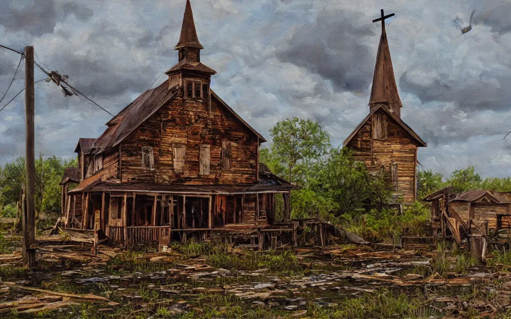 Image similar to an old wooden church rotting away in the bayou, realistic, oil painting, dynamic composition, ultra detailed