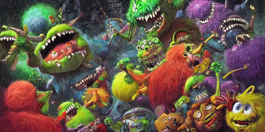 Image similar to tennis ball monsters, parade, theme park, digital art, fantasy, magic, chalk, chalked, trending on artstation, ultra detailed, detailed, fine details, professional illustration by basil gogos