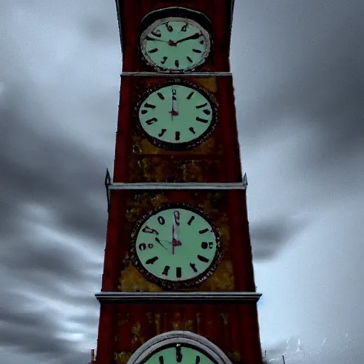 Image similar to An abandoned wacky clock tower based in the victorian period, the clouds are darky with gloomy lighting in unreal engine