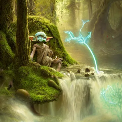 Image similar to tom bagshaw, beautiful miniature baby yoda lightsaber, mythical shrine, soft painting render curiosities carnival pond river vegetation rocks bugs wildlife mushrooms covered moss bioluminescent wisps, beautiful stunning waterfall, accurate features, focus, very intricate ultrafine details, random volumetric lighting, fog, award winning masterpiece, octane render 8 k hd, artstation