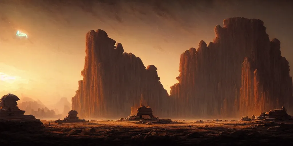 Image similar to strange surface of another planet at sunset ruins of ancient civilization, ultra high definition, ultra detailed, symmetry, god rays, sci - fi, dark fantasy, by greg rutkowski and ross tran