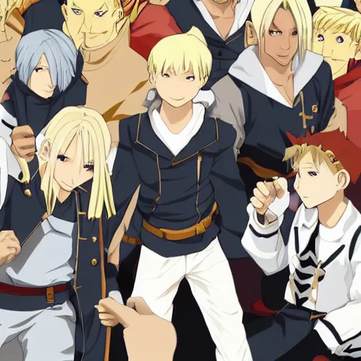 Prompt: young blonde boy fantasy thief in a tavern surrounded by dark skinned friends and light skinned friends, full metal alchemist, anime style