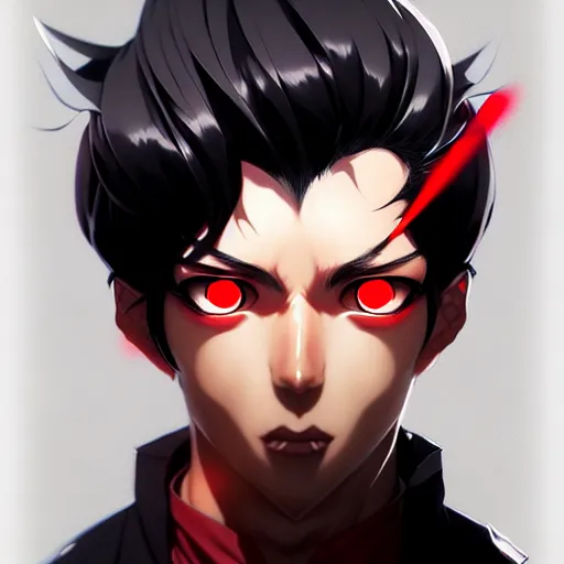 Image similar to anime portrait of a slick black hair guy with red eyes by stanley artgerm lau, wlop, rossdraws, james jean, andrei riabovitchev, marc simonetti, and sakimichan, trending on artstation