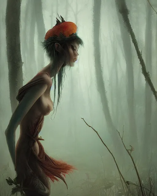 Prompt: a film still close up shot of a pixie in a misty swamp landscape by esao andrews and peter mohrbacher. trending on artstation