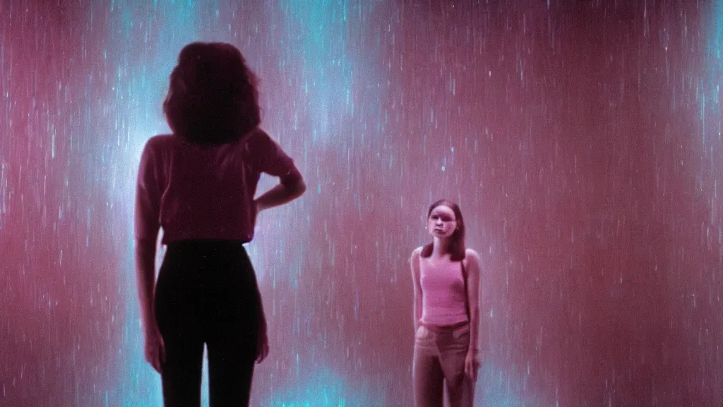 Image similar to movie scene of a girl standing in front of a multiverse machine, movie still, cinematic composition, cinematic light, pastel color scheme, by David Lynch