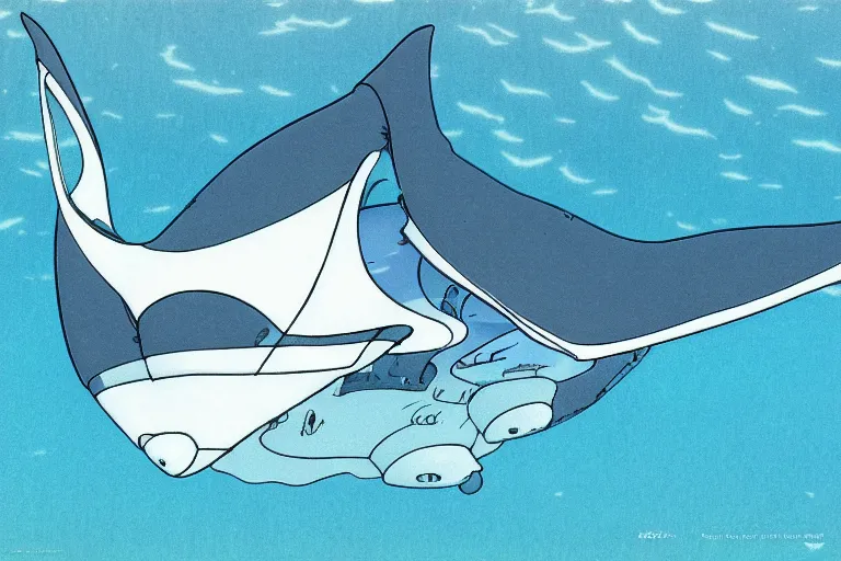 Prompt: a manta ray, under water, | fine detail anime, cel shaded, studio ghibli, yoshiaki kawajiri