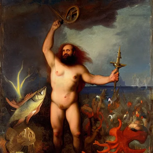 Image similar to copper by albert bierstadt, by frans francken the younger depressing. a photograph of a mythological scene. large, bearded man seated on a throne, surrounded by sea creatures. he has a trident in one hand & a shield in the other. behind him is a large fish. in front of him are two smaller creatures.