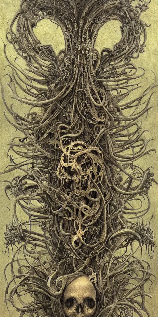 Image similar to abstract, fractal, liquid, melting, swirls, knots, weave, ink, flowers, leaves, gears, wires, bones, skulls, tentacles by hr giger and agostino arrivabene